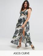 Asos Curve Beach Maxi Dress With Strap Detail In Mono Palm Print - Multi