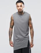 Asos Longline Sleeveless T-shirt With Asymmetric Spilt Hem And Distress - Gray