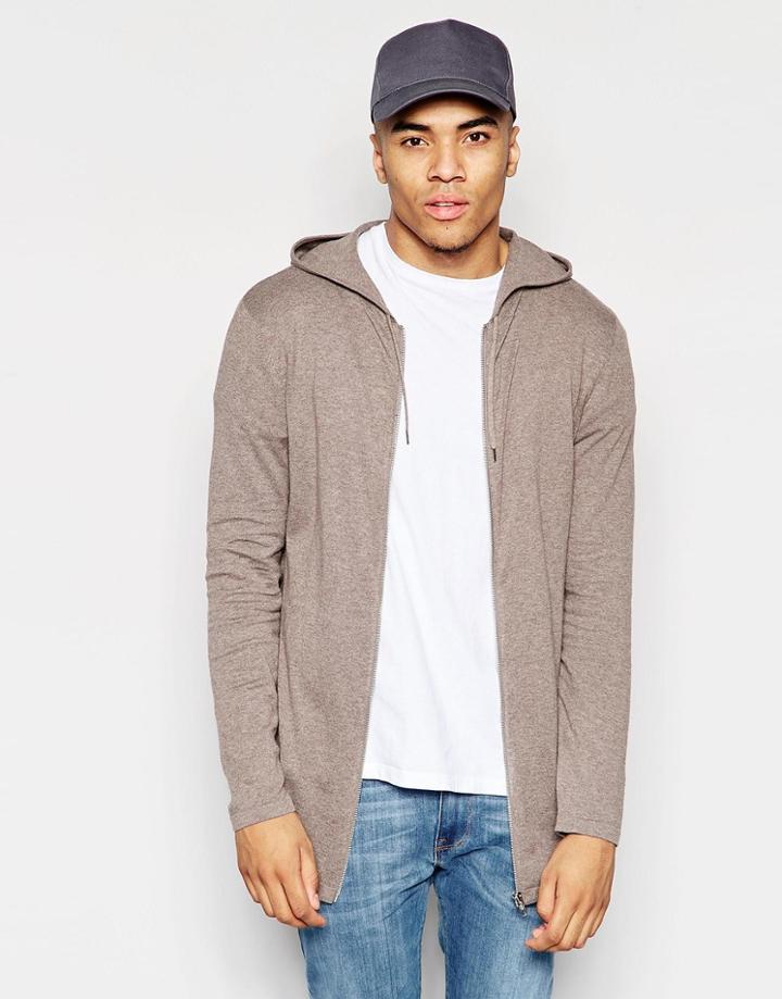 Asos Longline Knitted Zip Through Hoodie - Brown