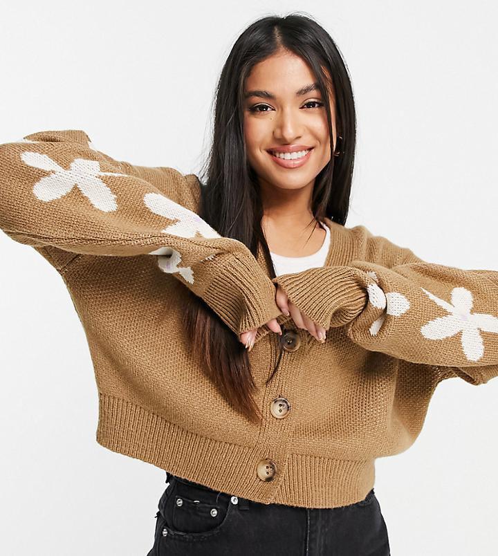 Topshop Petite Flower Motif V Neck Button Cardigan In Camel-brown