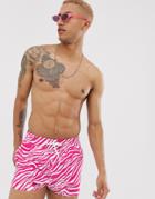 Asos Design Swim Shorts In Neon Pink Tiger Print Short Length - Multi