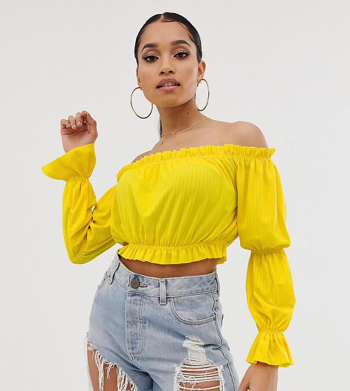 Boohoo Petite Exclusive Bardot Top In Yellow - Yellow