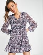Miss Selfridge Ruffle Detail Chiffon Shirt Dress In Zebra Print-blue