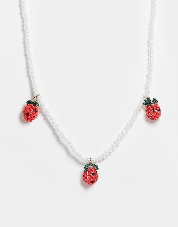 Asos Design Necklace In Small Pearl With Strawberry Bead Charms-multi