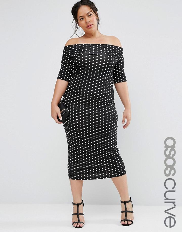 Asos Curve Off Shoulder Midi Bodycon In Polka Dot - Multi