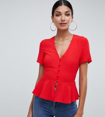 Missguided Tall Button Detail Peplum Blouse In Red - Red