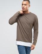 New Look Longline Long Sleeve T-shirt In Khaki - Brown