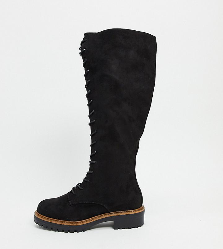 Asos Design Wide Fit Courtney Chunky Lace Up Knee High Boots-black