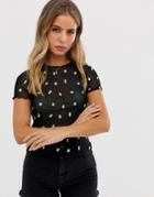 New Look Daisy Print Mesh Tee In Black