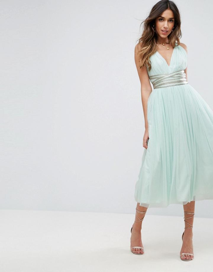 Asos Premium Tulle Midi Prom Dress With Embellished Ribbon Ties - Green
