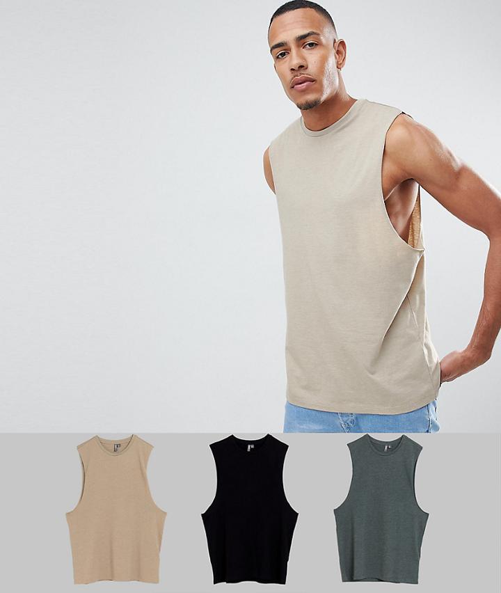 Asos Design Tall Tank With Dropped Arm Hole 3 Pack Save - Multi