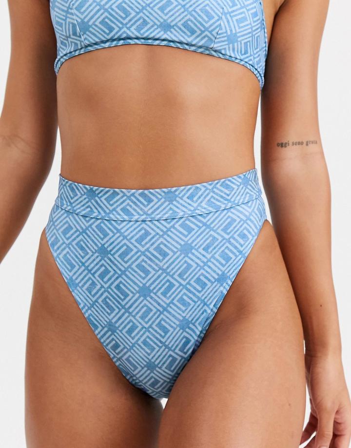 Asos Design Recycled Skinny Bind High Leg High Waist Bikini Bottom In Denim Look Geo Print