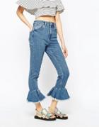 Asos Farleigh High Waist Slim Mom Jeans With Flared Frill Hem - Blue