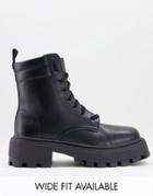 Asos Design Chunky Square Toe Lace Up Boots In Black Faux Leather