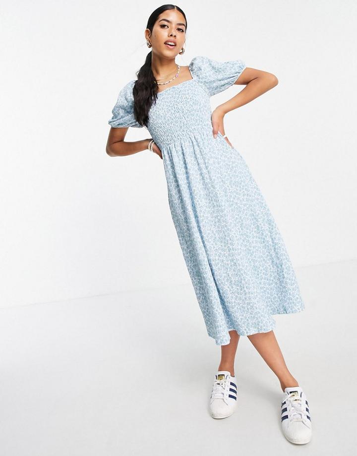 Monki Noelle Smocked Puff Sleeve Midi Dress In Blue Floral-blues