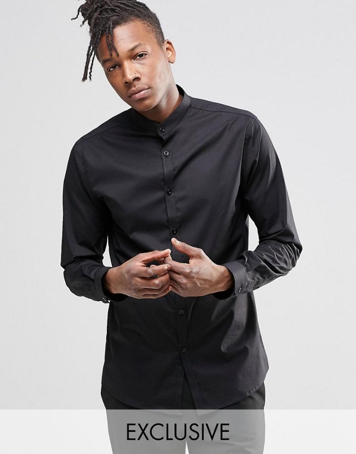 Noak Skinny Shirt With Grandad Collar - Black
