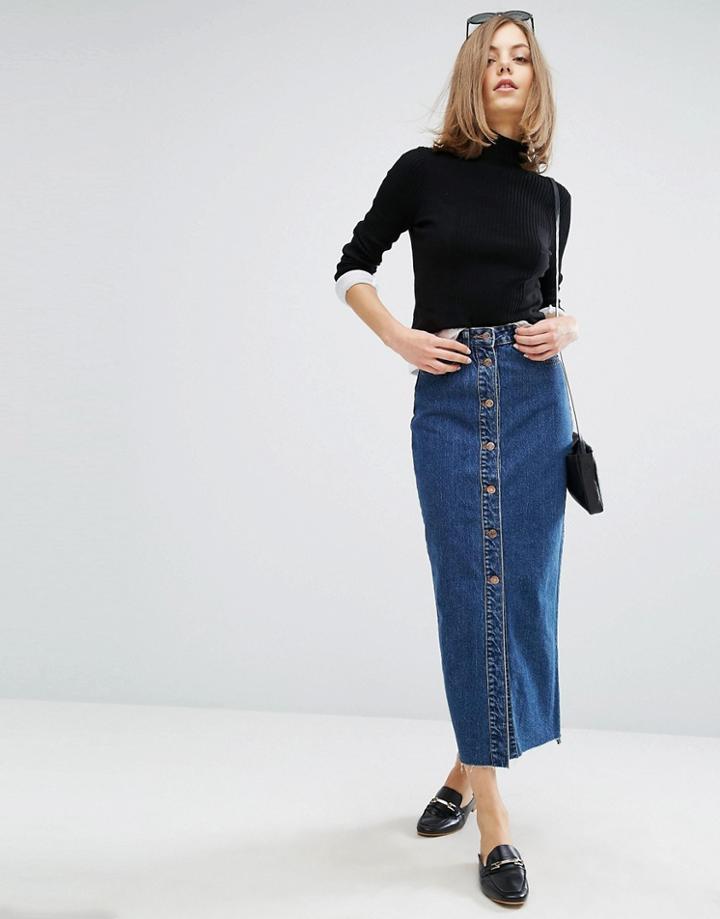 Dr Denim Venla Step Hem Button Front Maxi Skirt - Blue