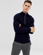 Jack & Jones Premium Knitted Zip Through Sweater In Navy