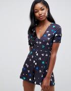 Asos Design Tea Romper With Bow Back In Heart Print - Multi