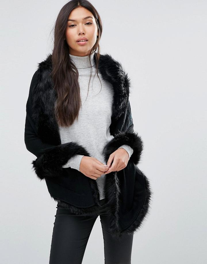 Qed London Cape With Faux Fur Trim - Black
