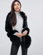 Qed London Cape With Faux Fur Trim - Black