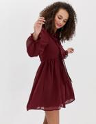 Brave Soul Ruffle Skater Dress With Pussybow Neck Tie In Burgundy - Red