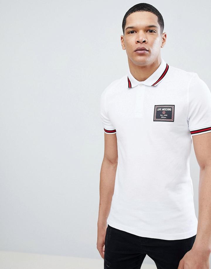 Love Moschino Tipped Polo Shirt In White With Milano Logo - White