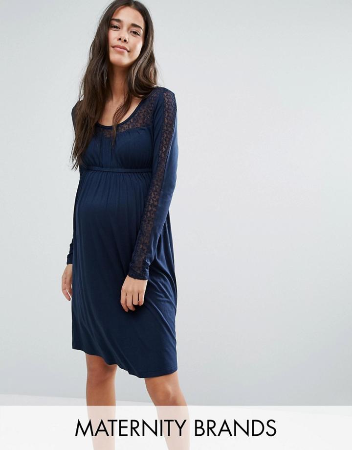 Mama. Licious Long Sleeve Swing Dress With Lace Insert - Navy