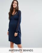 Mama. Licious Long Sleeve Swing Dress With Lace Insert - Navy
