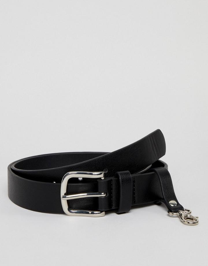 Asos Design Faux Leather Slim Belt In Black With Keychain - Black