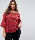 New Look Plus Check Bardot Top In Red Pattern - Red