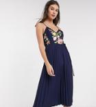 Asos Design Tall Embroidered Pleated Cami Wrap Midi Dress In Navy