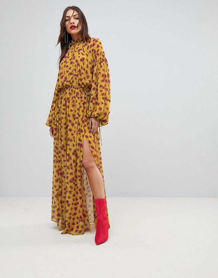 Mango Split Front Floral Maxi Dress - Yellow