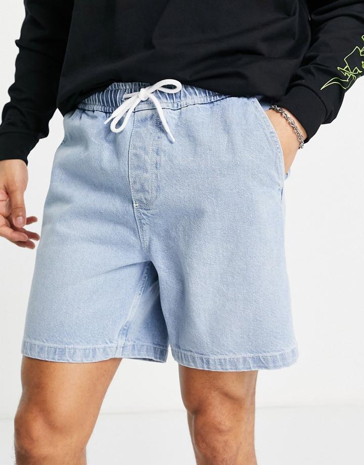 Asos Design Denim Shorts With Elasticated Waist In Light Wash Blue