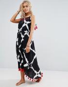 Anmol Printed Midi Beach Dress With Shoulder Trim - Black