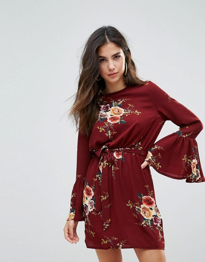 Parisian High Neck Floral Dress With Tie Waist And Flare Sleeve - Red