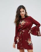 Parisian High Neck Floral Dress With Tie Waist And Flare Sleeve - Red