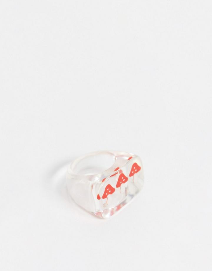 Asos Design Ring With Trapped Mushrooms In Clear Plastic