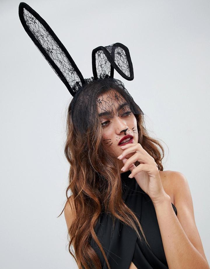 Asos Design Halloween Headband With Polka Dot Bunny Ears And Veil - Black
