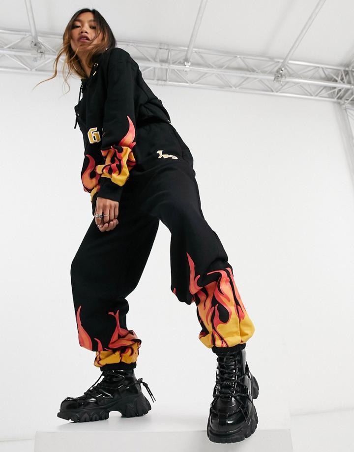 Jagger & Stone Relaxed Coordinating Sweatpants With Logo In Flame Print-black