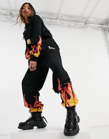 Jagger & Stone Relaxed Coordinating Sweatpants With Logo In Flame Print-black