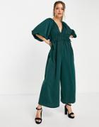 Asos Design Plunge Neck Drawstring Waist Tea Jumpsuit In Teal Green
