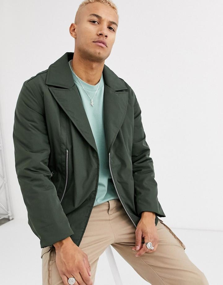 Asos Design Padded Biker Jacket In Khaki-green
