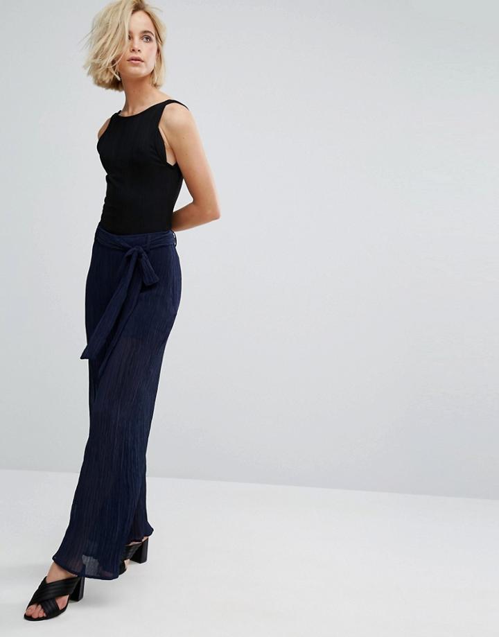J.o.a High Waist Plisse Pants With Tie Waist - Navy