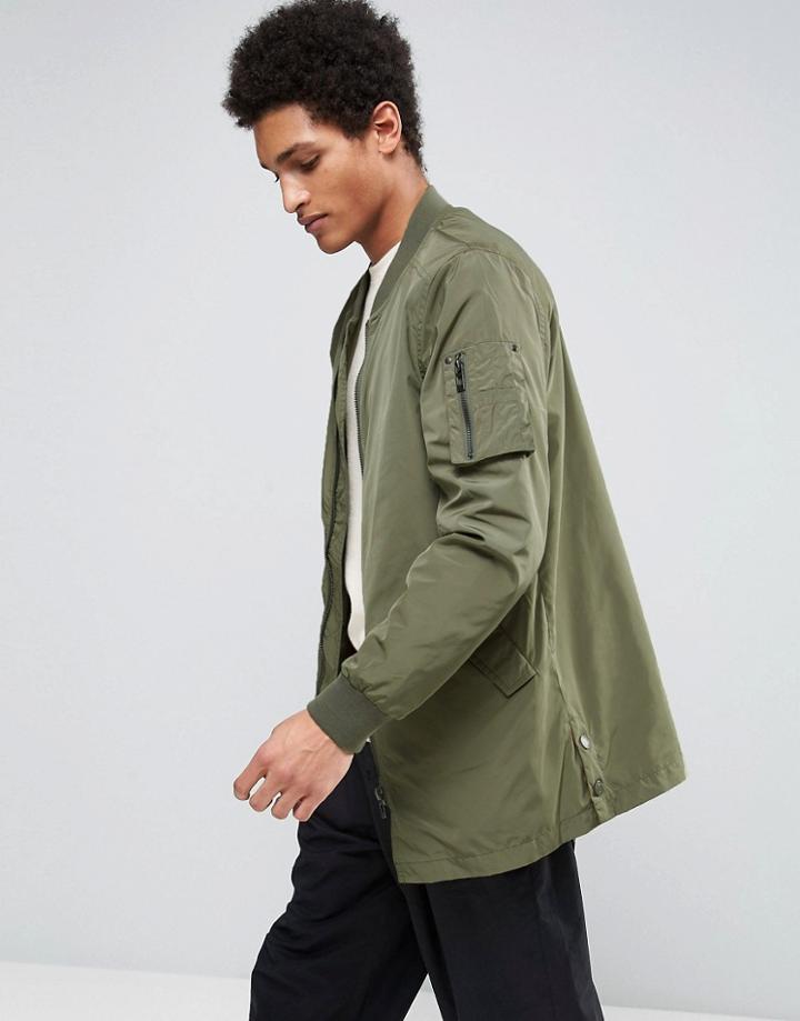 Casual Friday Longline Ma1 Bomber Jacket - Green