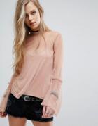 Pull & Bear Fluted Sleeve Mesh Top - Pink