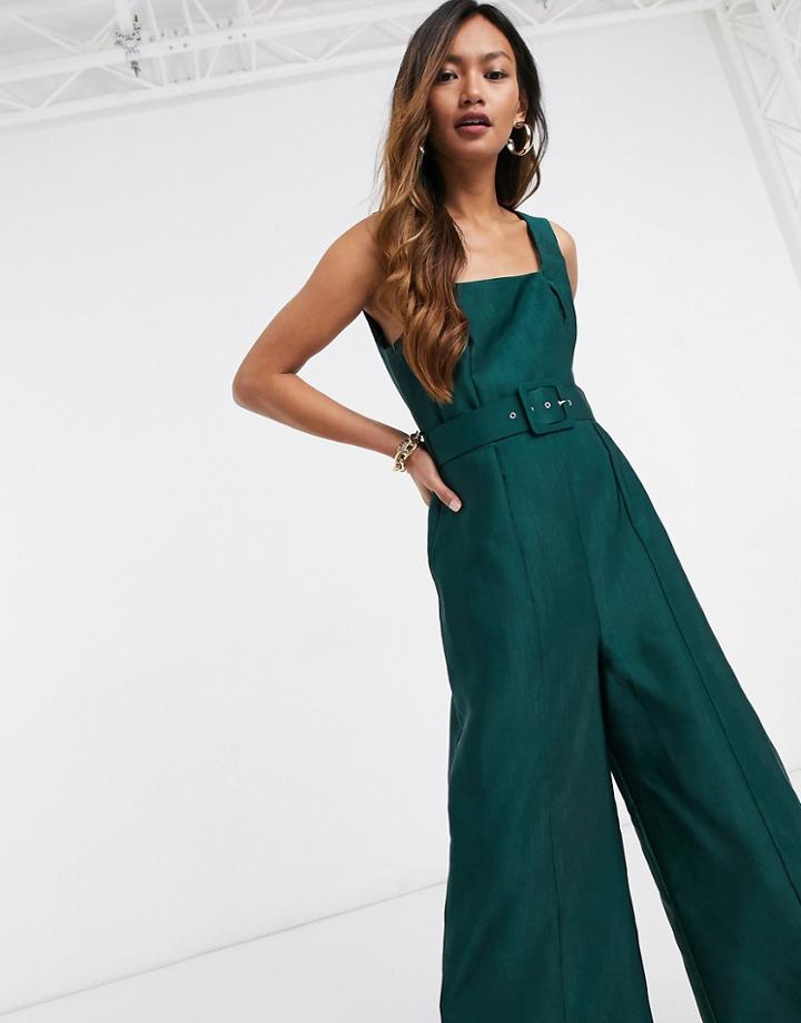 Asos Design Square Neck Belted Culotte Jumpsuit In Dark Green