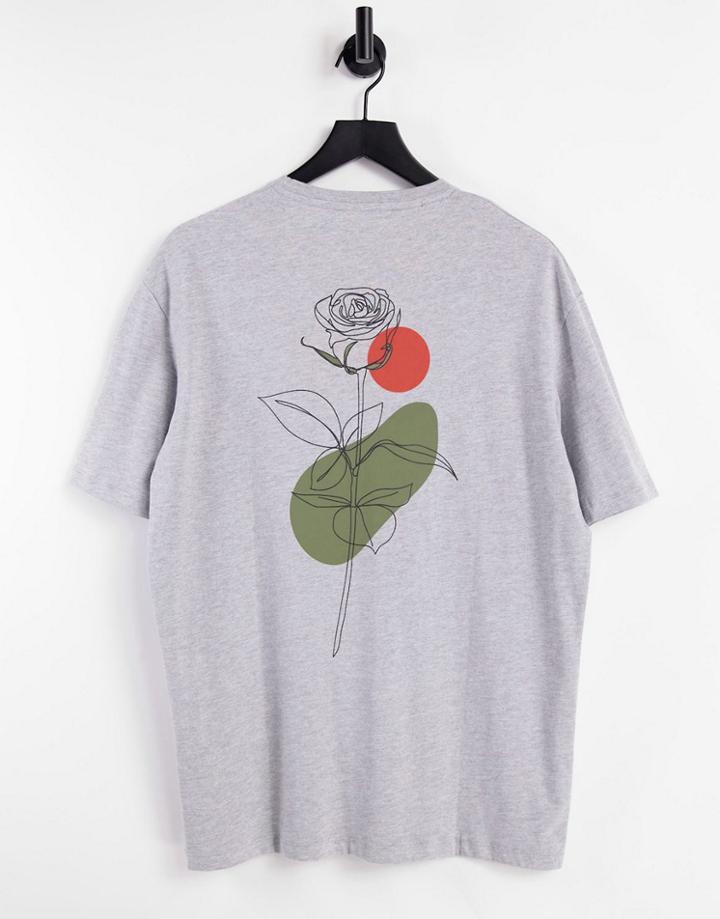 Selected Homme Organic Cotton Oversized Fit T-shirt With Rose Sketch Back Print Gray-grey