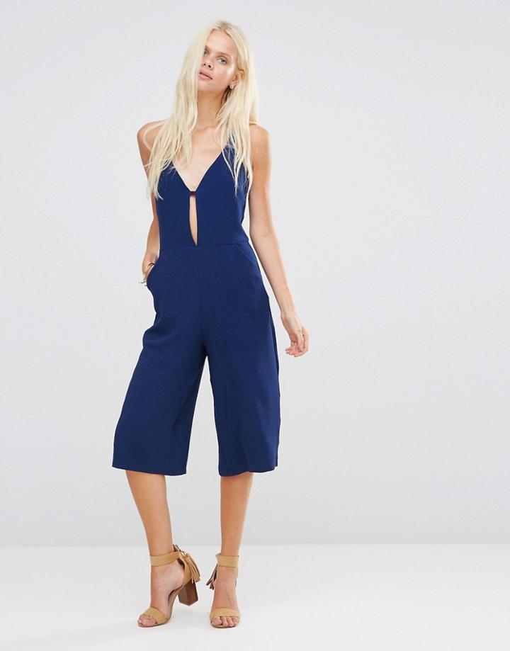 Liquorish Deep V Plunge Culotte Jumpsuit - Navy