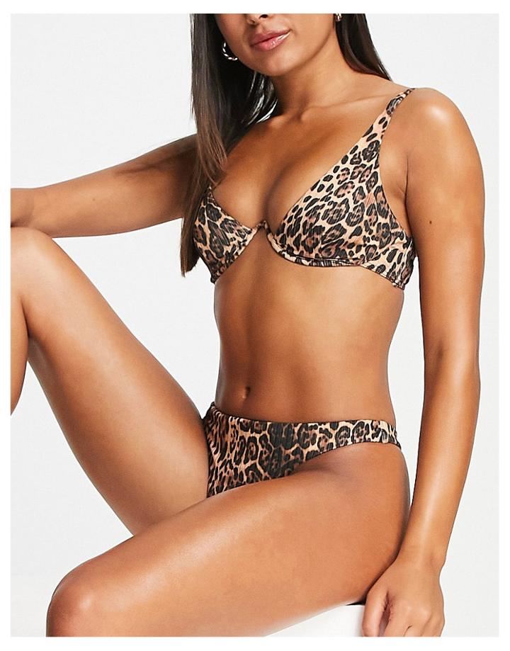 Asos Design Mix And Match Rib V Wire Bikini Top In Leopard Print-multi
